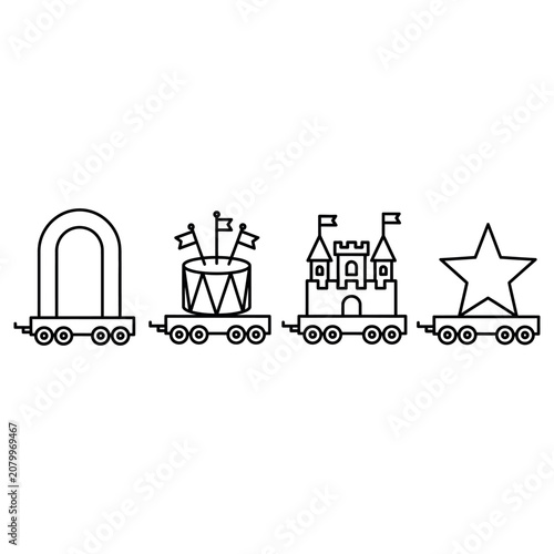 Circus train cars featuring an archway a musical drum a royal castle tower and a giant star shape creating a fun carnival toy theme in this clean simple black line photograph.