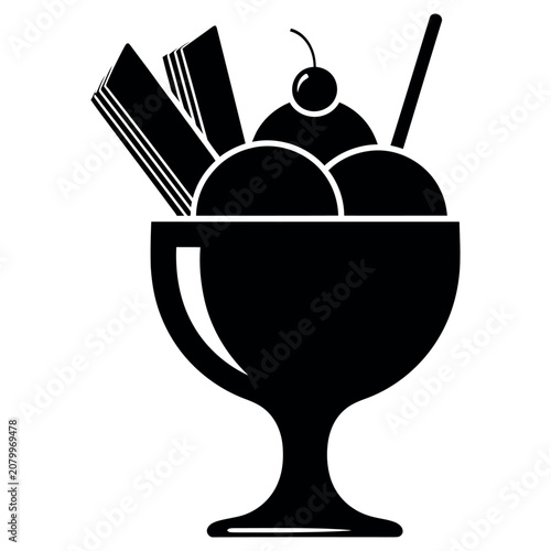 Delicious ice cream sundae served in a glass bowl with crunchy wafer cookies and a sweet red cherry on top presented in this simple black and white graphic design illustration
