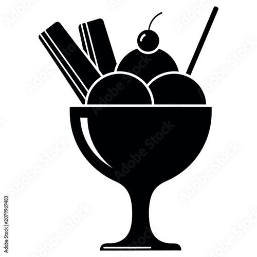 Delicious ice cream sundae served in a glass bowl featuring two crispy wafer sticks and a sweet cherry on top presented in this simple black and white vector graphic illustration