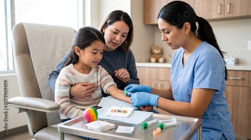 Nurse drawing blood sample from child arm while mother comforts her crying daughter in clinic