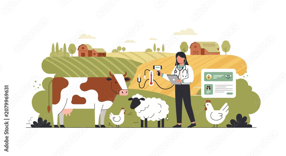 Fototapeta premium Veterinarian uses technology to care for farm animals in a modern landscape