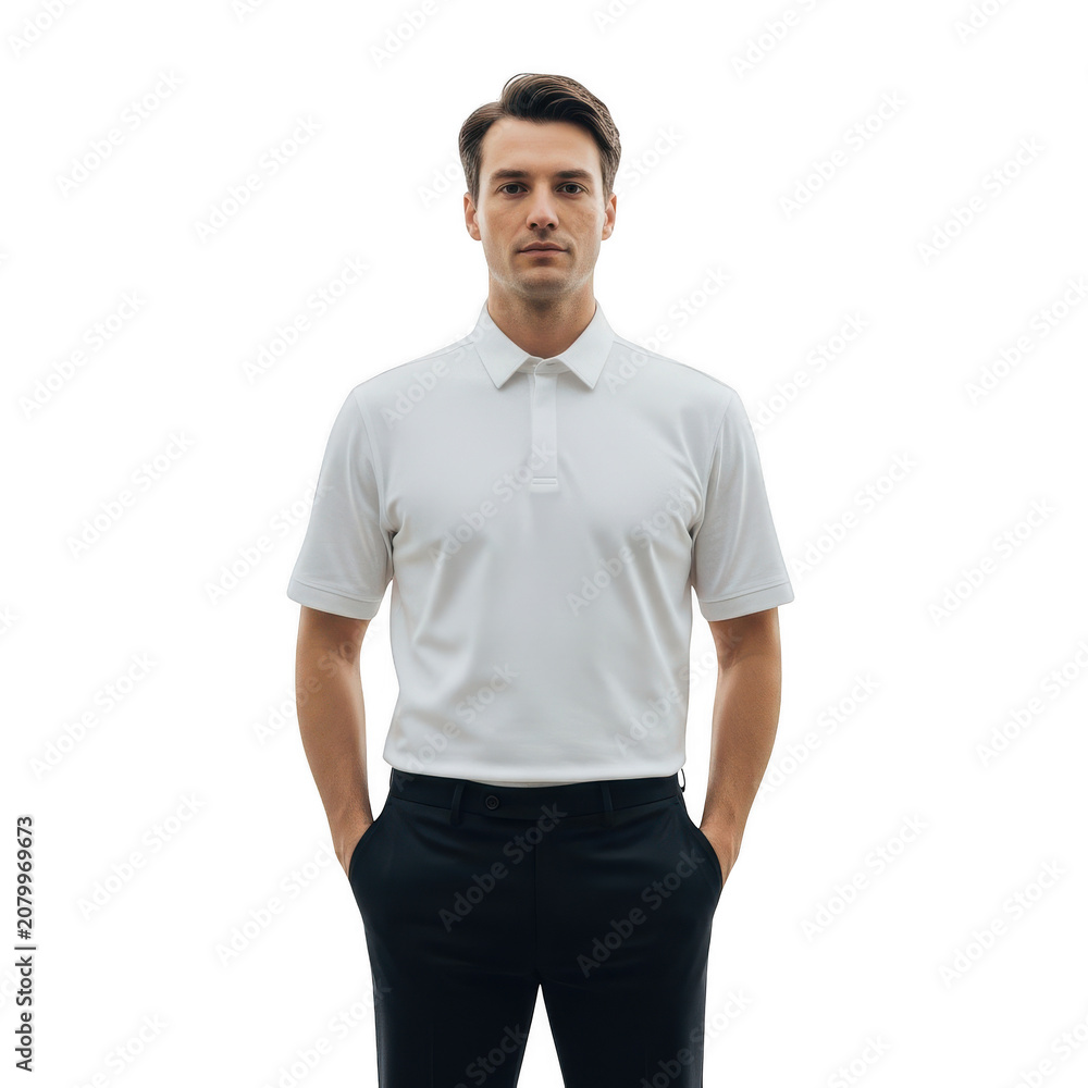 Fototapeta premium Young man in white polo shirt standing with hands in pockets isolated on transparent background