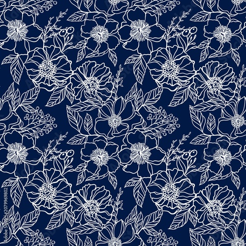 Indigo Background Floral Seamless Pattern ,Hand-Drawn Botanical Line Art.( Pattern22/69)