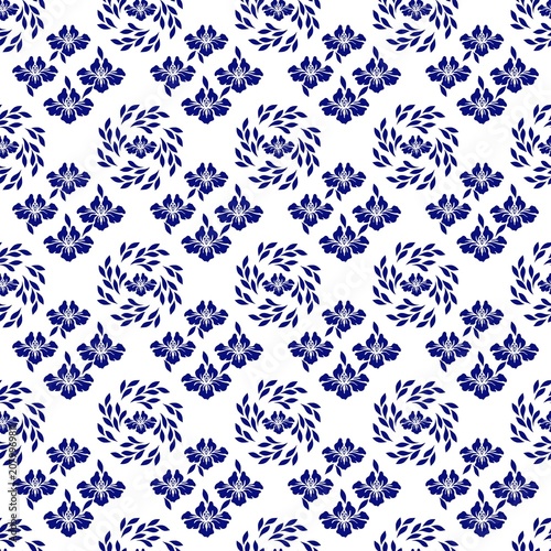 Indigo Floral Seamless Pattern ,Hand-Drawn Botanical Line Art ,Pattern24/69.