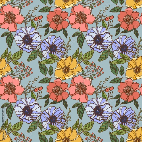 Luxury Colorful Floral Seamless Pattern ,Hand-Drawn Botanical Line Art ,Pattern26/69.