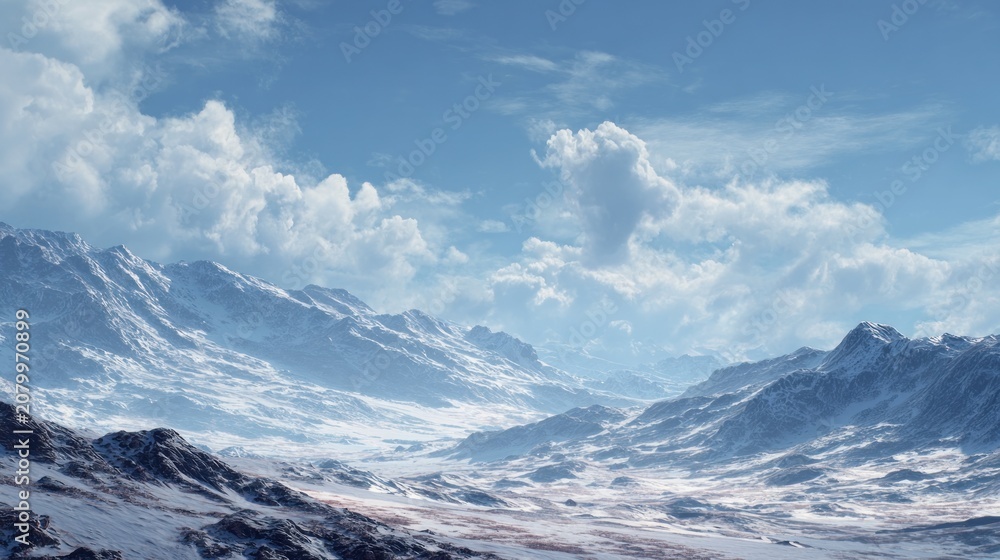 Fototapeta premium Vast snowy mountain range landscape under cloudy blue sky
