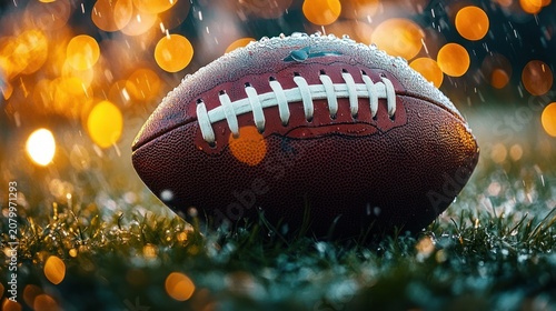 close-up of a rain-soaked american football resting on wet grass with glowing stadium bokeh lights, dramatic moody evening game atmosphere and anticipation