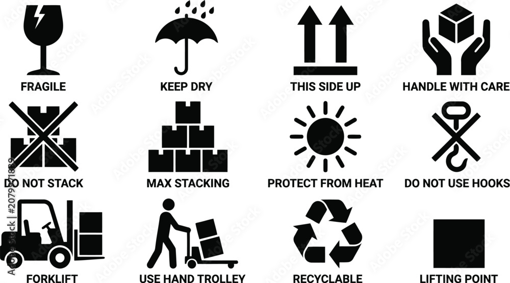 Fototapeta premium Set of shipping and handling symbols for packages including fragile, keep dry, this side up, handle with care.