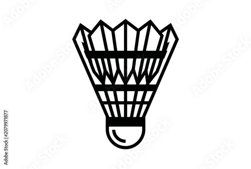 Black and white graphic icon of a badminton shuttlecock on white background
