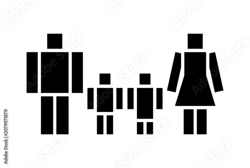 Minimalist black silhouette icon of an adult and child standing together