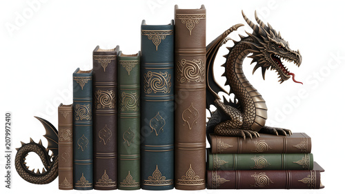 Fantasy bookend set with dragon on leather bound books