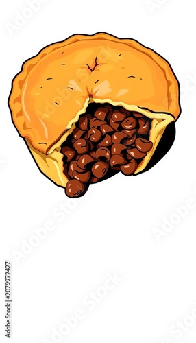 Isolated vector illustration of a traditional Australian meat pie with beef mince filling, cut open to reveal the savory contents, nostalgic, savory