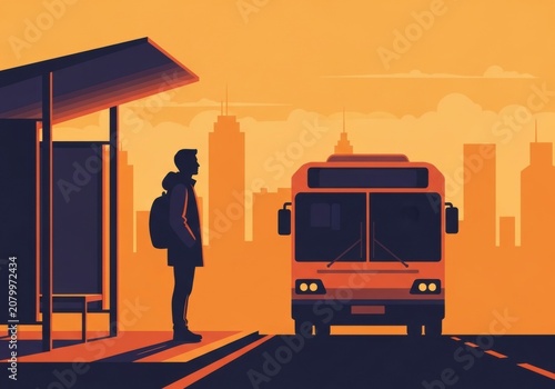 Young man with a backpack waiting for a bus at a city bus stop during a warm orange sunset with urban skyline in the background