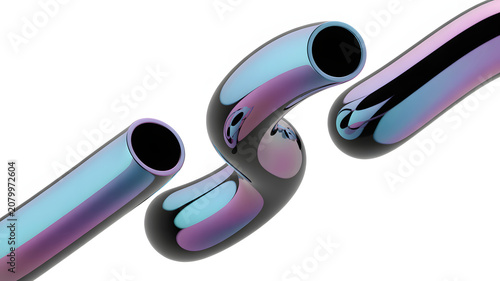 Iridescent metallic tubes intersect and curve on white background