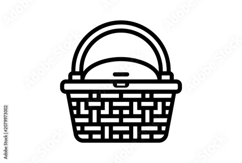 Close up of a woven picnic basket icon with a simple black line design