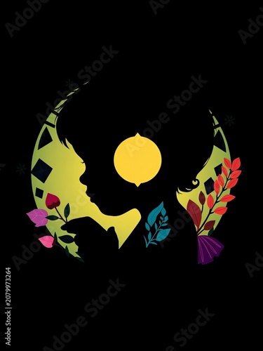 Silhouette of a child's profile reading with geometric shapes and botanical elements in a circular design, design, curiosity