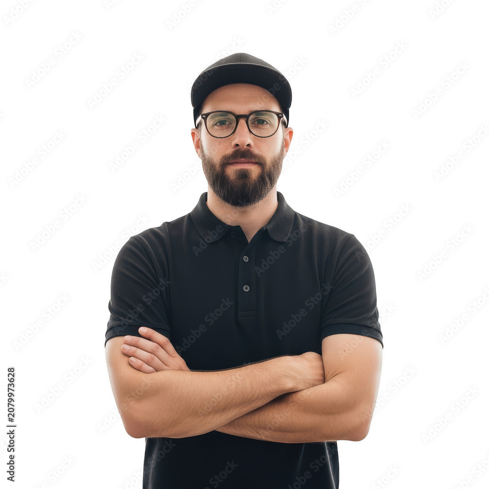 Naklejka premium Serious bearded man wearing glasses and a black polo shirt isolated on transparent background