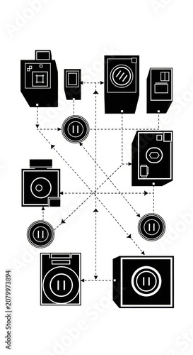 Abstract technical diagram showing electrical power outlets and connected electronic devices with arrows indicating energy flow and system integration