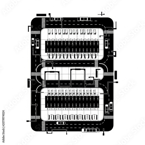 Top view of a public parking lot map with cars and parking spaces in a black and white flat graphic design style