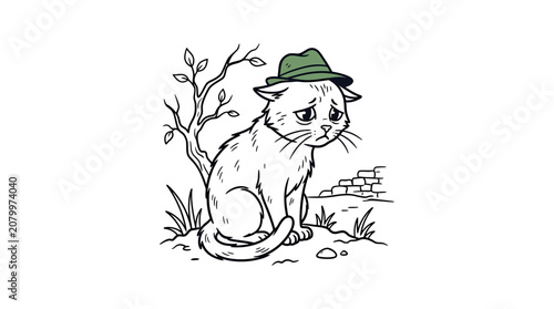 Konstfotografi Sad Cat in Hat Sitting Outside Tree, Cartoon Drawing
