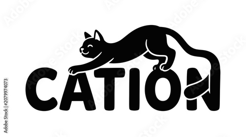 Quadro su tela Black Cat Playing with 'CATION' Text, Playful Pet Concept