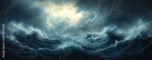 towering dark ocean waves under heavy thunderclouds with lightning strikes, dramatic ominous storm conveying raw power and isolation