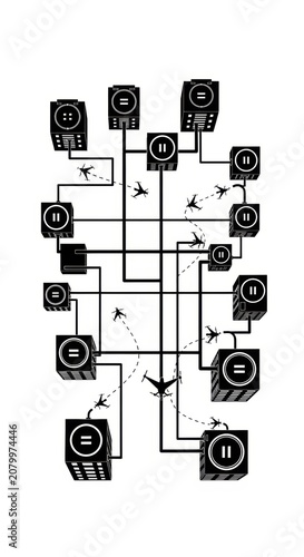 Black and white abstract illustration showing connected building icons with lines and small airplane symbols representing a transportation network map