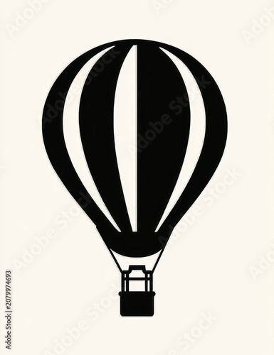 black silhouette hot air balloon with striped vertical panels, small basket and suspension lines on pale background, evoking peaceful adventure