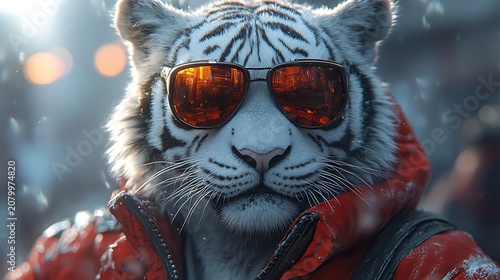 White tiger in winter jacket and sunglasses