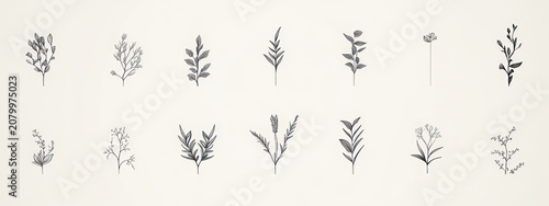 delicate monochrome botanical sprigs and small leaf and branch illustrations arranged in two rows on a pale background, calm minimalist mood