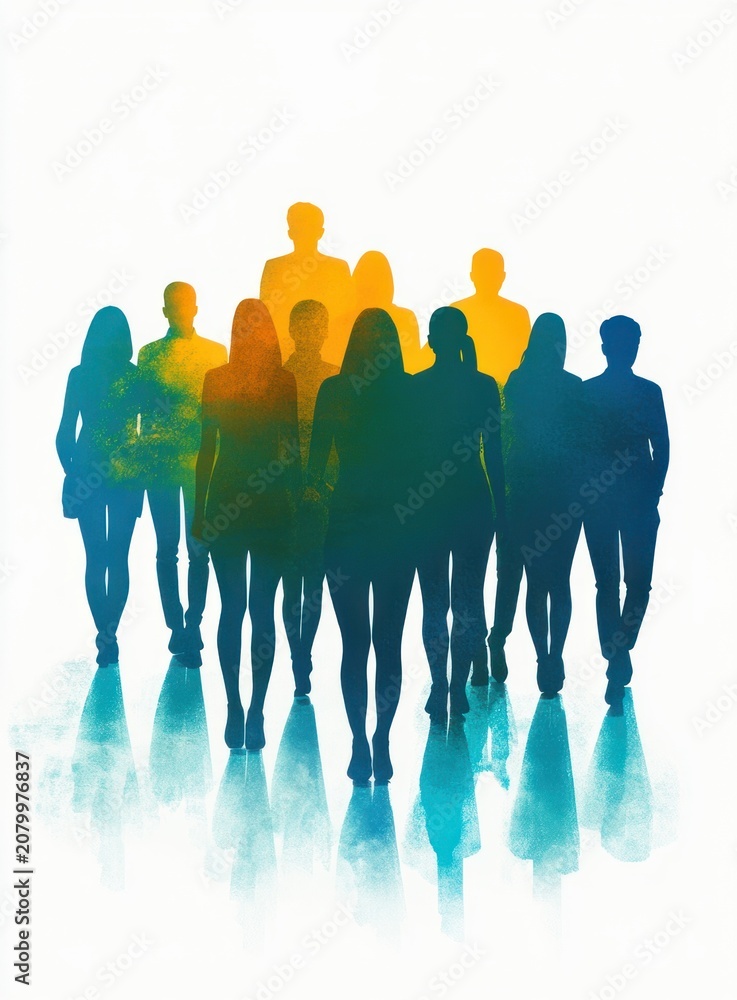 Obraz premium Group of colorful silhouetted people walking forward with reflective floor and clean white background, conveying unity, determination, and confident purpose