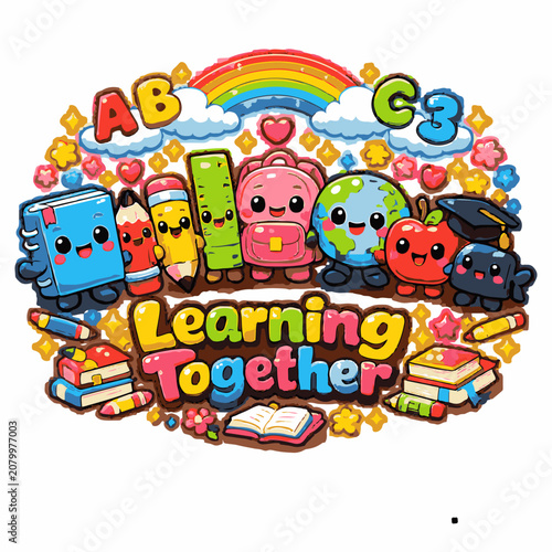 Learning Together Cute School Supplies Cartoon Illustration for Kids