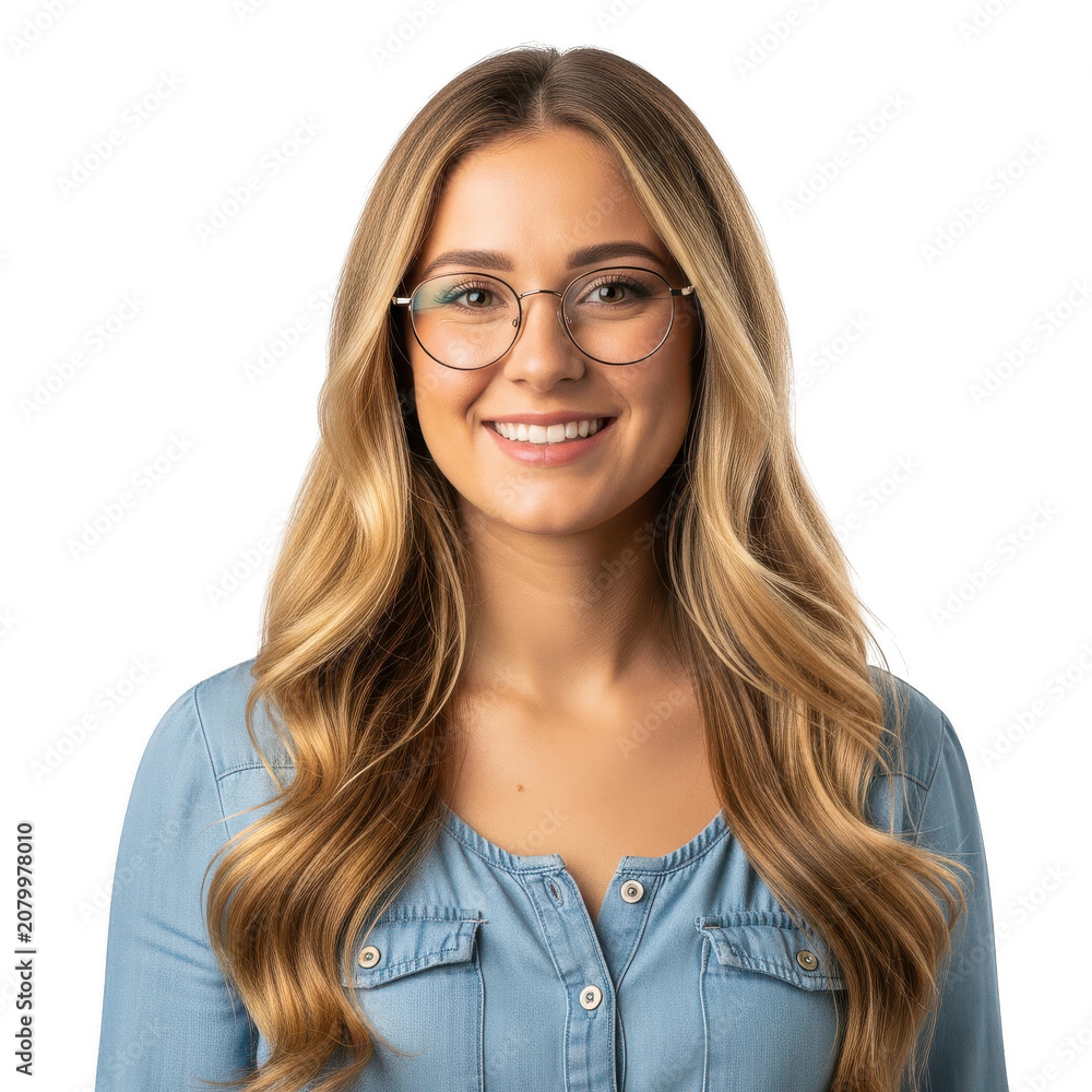 Obraz premium Smiling young woman with long blonde hair and glasses isolated on transparent background