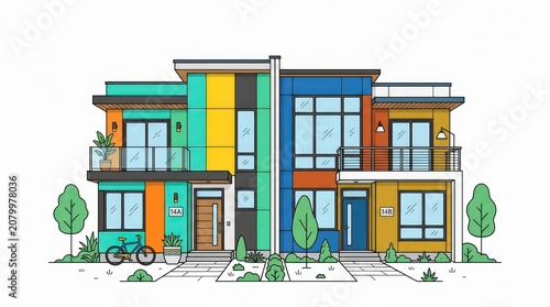 Modern duplex townhouse architecture with vibrant colorful facade and simple landscaping.