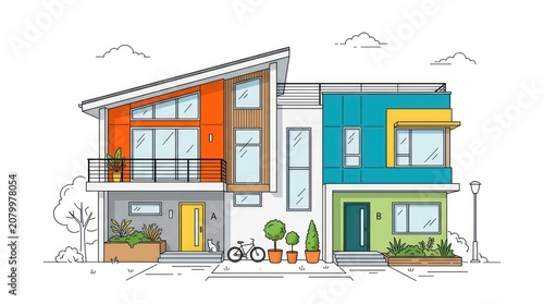 Contemporary architectural residential design with mixed materials and slanted roof lines.