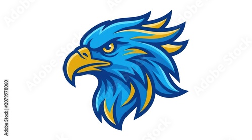Dynamic eagle head mascot logo vector illustration with bright blue and gold color scheme.