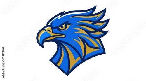 Fierce eagle head sports team logo mascot in sharp blue and yellow vector style design.