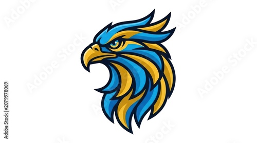 Stylized eagle head logo isolated on white background with blue and yellow vibrant colors.