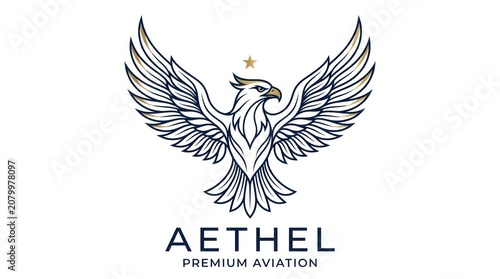 Eagle mascot logo design with elegant golden star feature for premium corporate aviation firm.