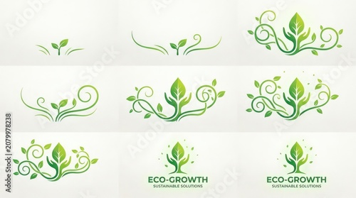 Set of elegant green leaf and hand vector icons for branding sustainable corporate identity.