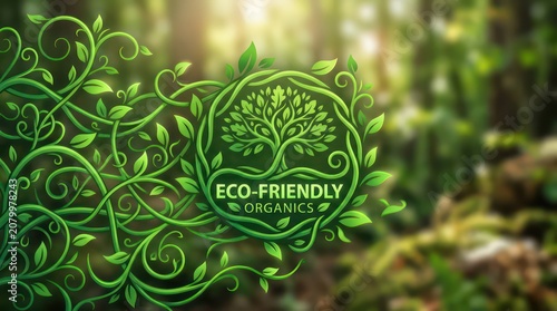 Elegant eco friendly organics logo design with intricate leafy branches and tree emblem.