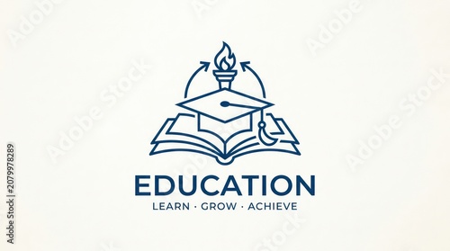 Education logo template with open book and graduation cap showing flame of knowledge icon.