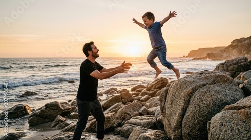 Father and happy son leaping towards each other on rocky beach at golden hour sunset