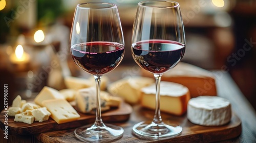 two glasses of red wine on a wooden board with assorted cheeses and soft candlelight creating a warm intimate cozy mood
