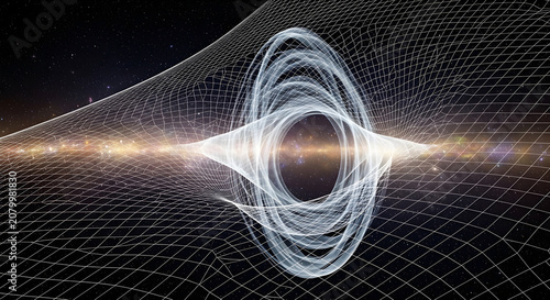 Vortex swirls around a glowing cosmic black hole in space with a grid overlay