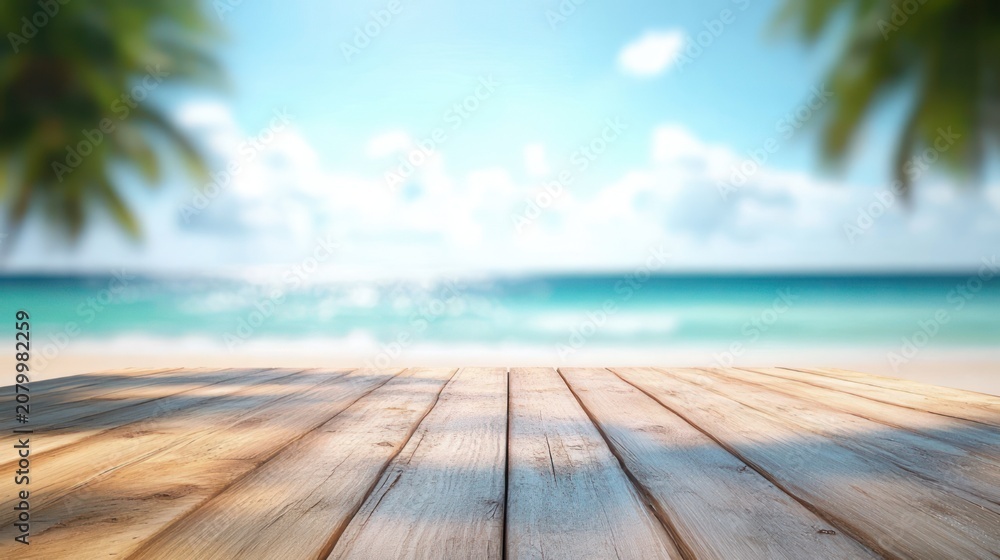 Fototapeta premium serene sunlit wooden deck overlooking turquoise ocean with palm tree shadows on a tranquil tropical beach