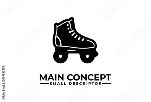Black silhouette icon of a classic quad roller skate with text below, representing a main concept.