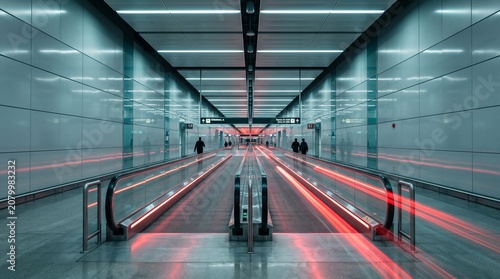Modern airport terminal corridor with moving walkways and long exposure red light trails showing commuters walking through a futuristic glass tunnel passage