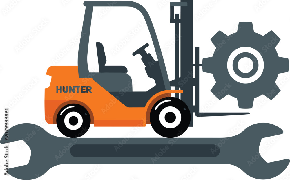 Naklejka premium Orange forklift truck repair and maintenance service concept featuring large industrial wrench tool and mechanical cogwheel