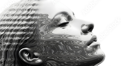 A close-up profile of a woman's face merges with rippling water.